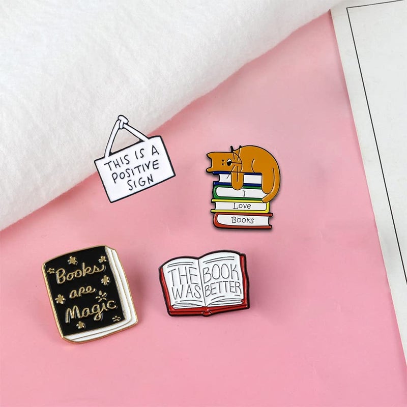 FLYPARTY 4 Pcs Cute Enamel Lapel Pins Sets Cartoon Animal Plant Flowers Brooches Pin Badges for Clothing Bags Backpacks Jackets Hat Party Favors Decoration (Reading Books) - Image 3